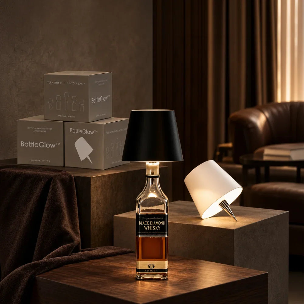 Rechargeable cordless bottle lamp with adjustable LED lighting and dimmable brightness control