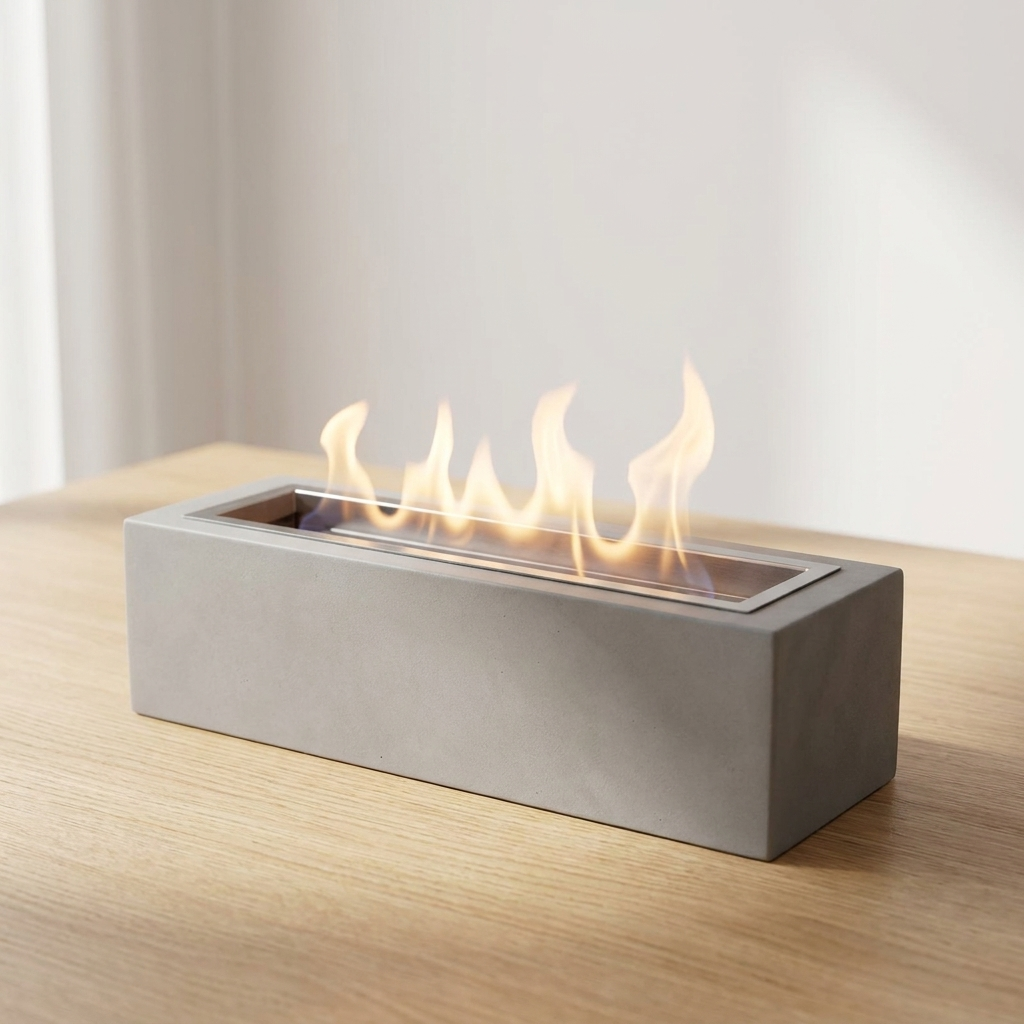 Elegant rectangular tabletop heating stove made of smooth cement for indoor and outdoor use.