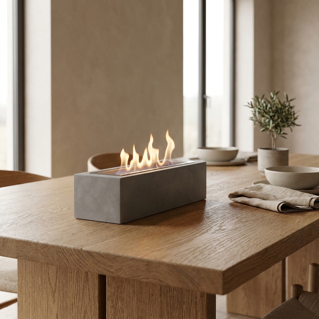 Elegant rectangular tabletop heating stove made of smooth cement for indoor and outdoor use. 2