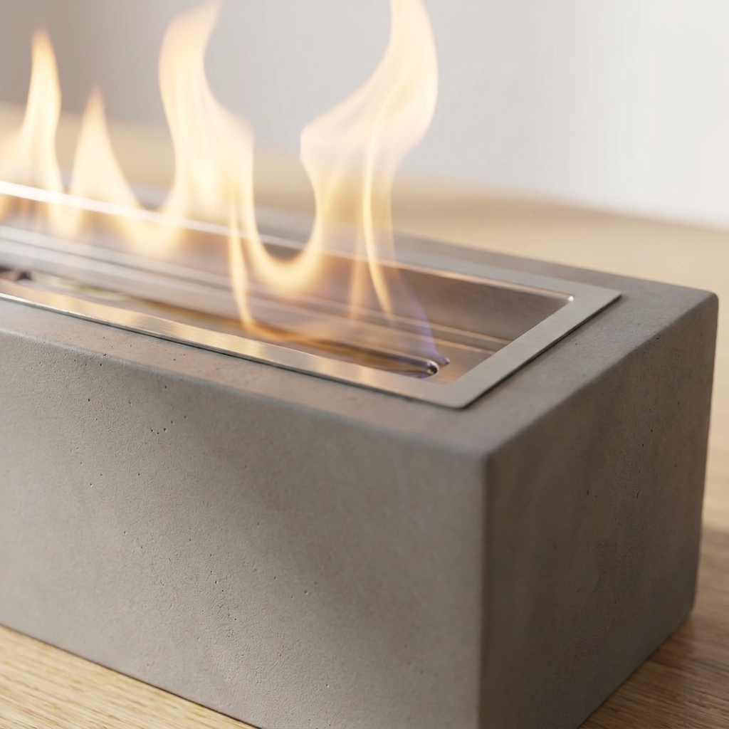 Elegant rectangular tabletop heating stove made of smooth cement for indoor and outdoor use. 3
