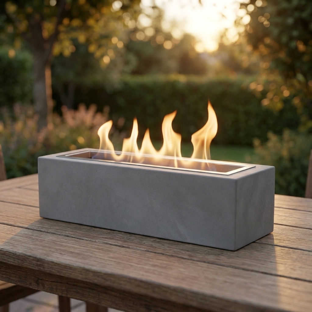 Elegant rectangular tabletop heating stove made of smooth cement for indoor and outdoor use. 4