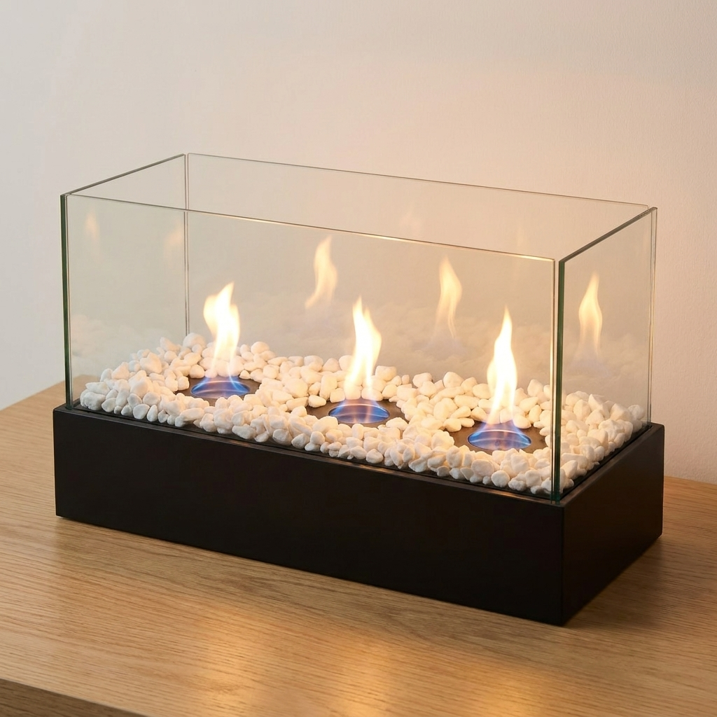 Portable rectangular three-hole alcohol stove for indoor and outdoor use.