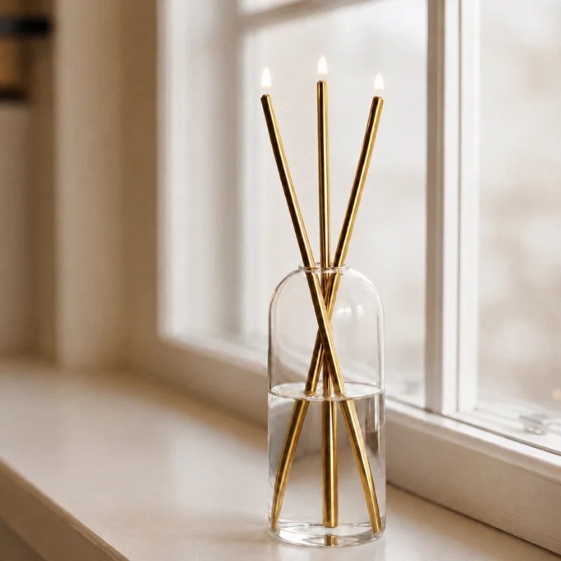 Refillable Everlasting Flame oil candle with clear glass vessel and stainless steel details 10