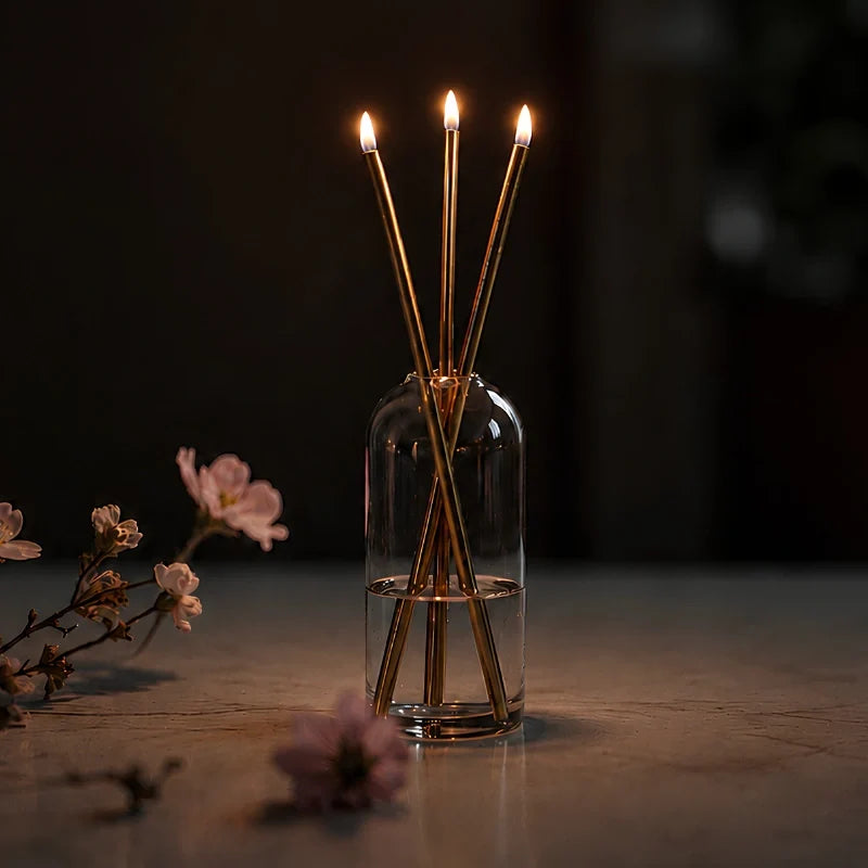 Refillable Everlasting Flame oil candle with clear glass vessel and stainless steel details 5