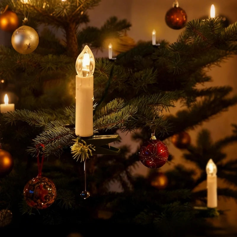 Remote-controlled cordless clip-on Christmas candles with realistic flickering flame effect and warm white glow