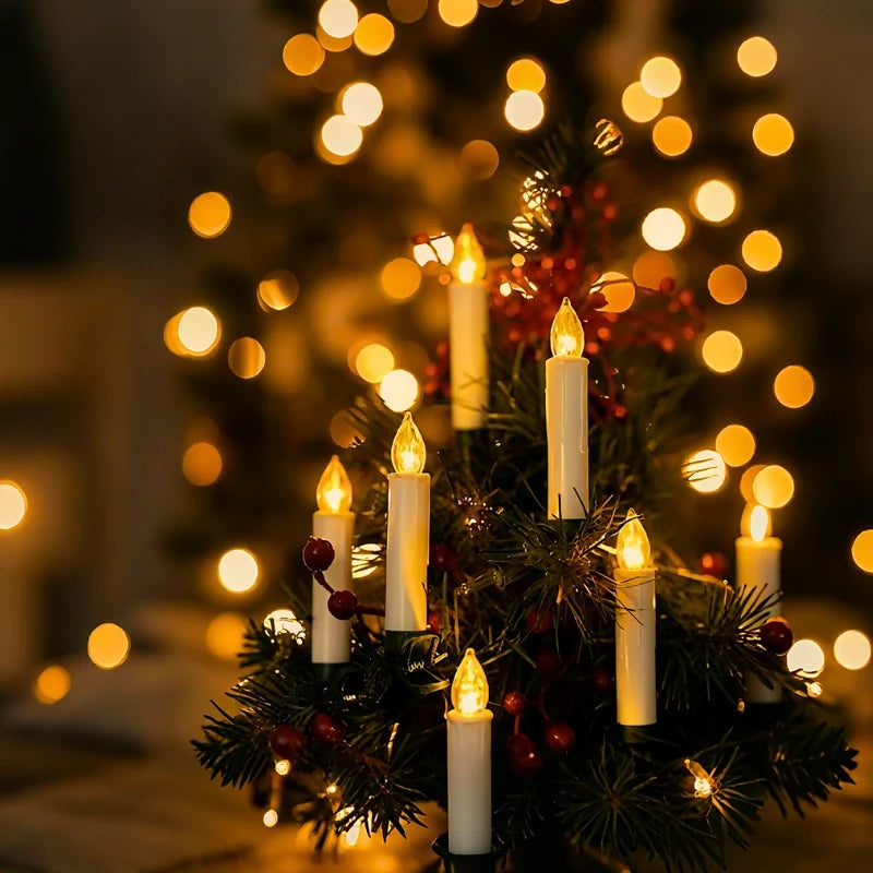 Remote-controlled cordless clip-on Christmas candles with realistic flickering flame effect and warm white glow 4