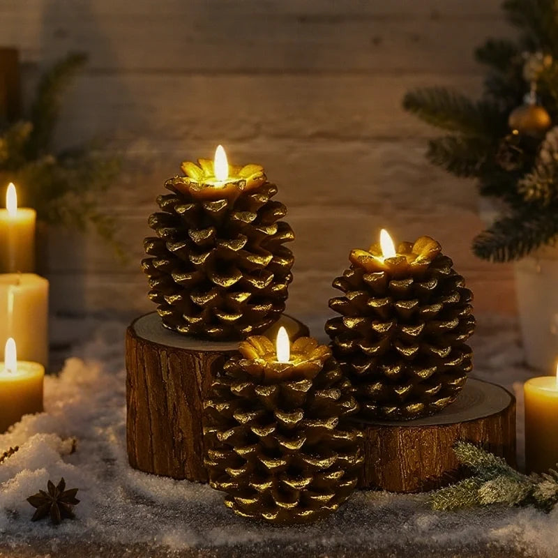 Flameless pinecone candles with LED flame effect and remote control timer 2