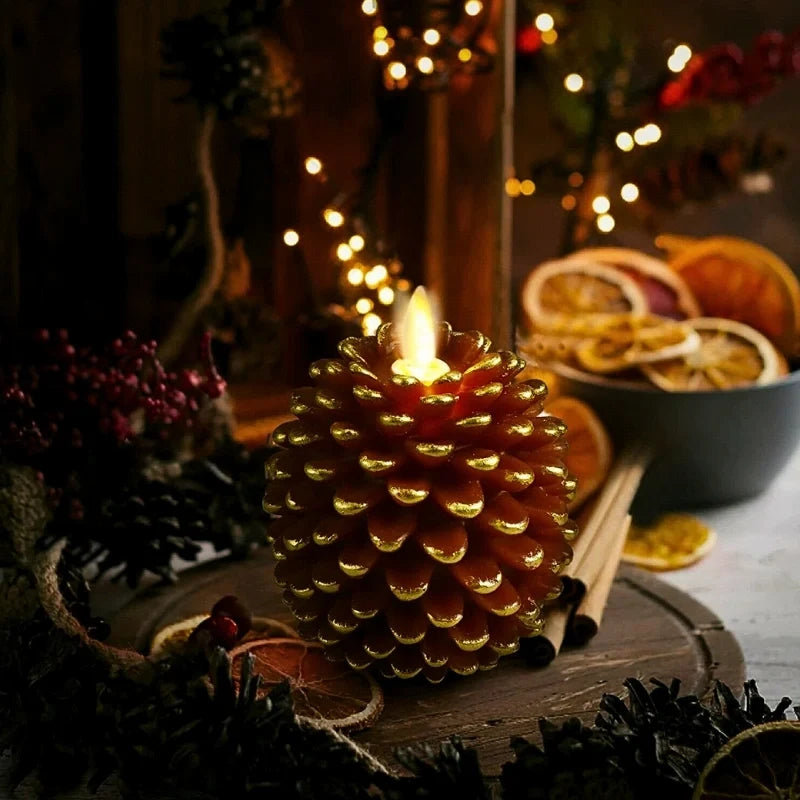Flameless pinecone candles with LED flame effect and remote control timer 3