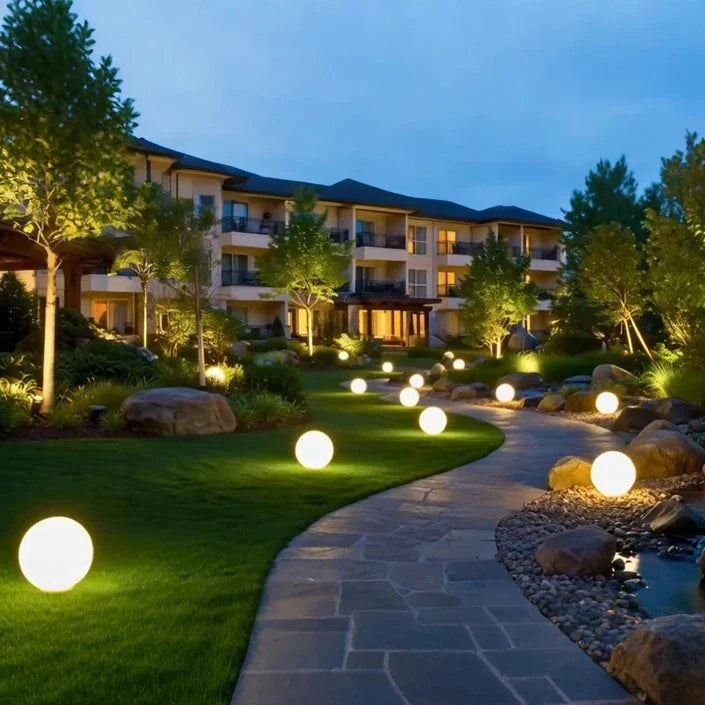 Remote-controlled spherical garden light with 16 color options for outdoor and indoor use 16