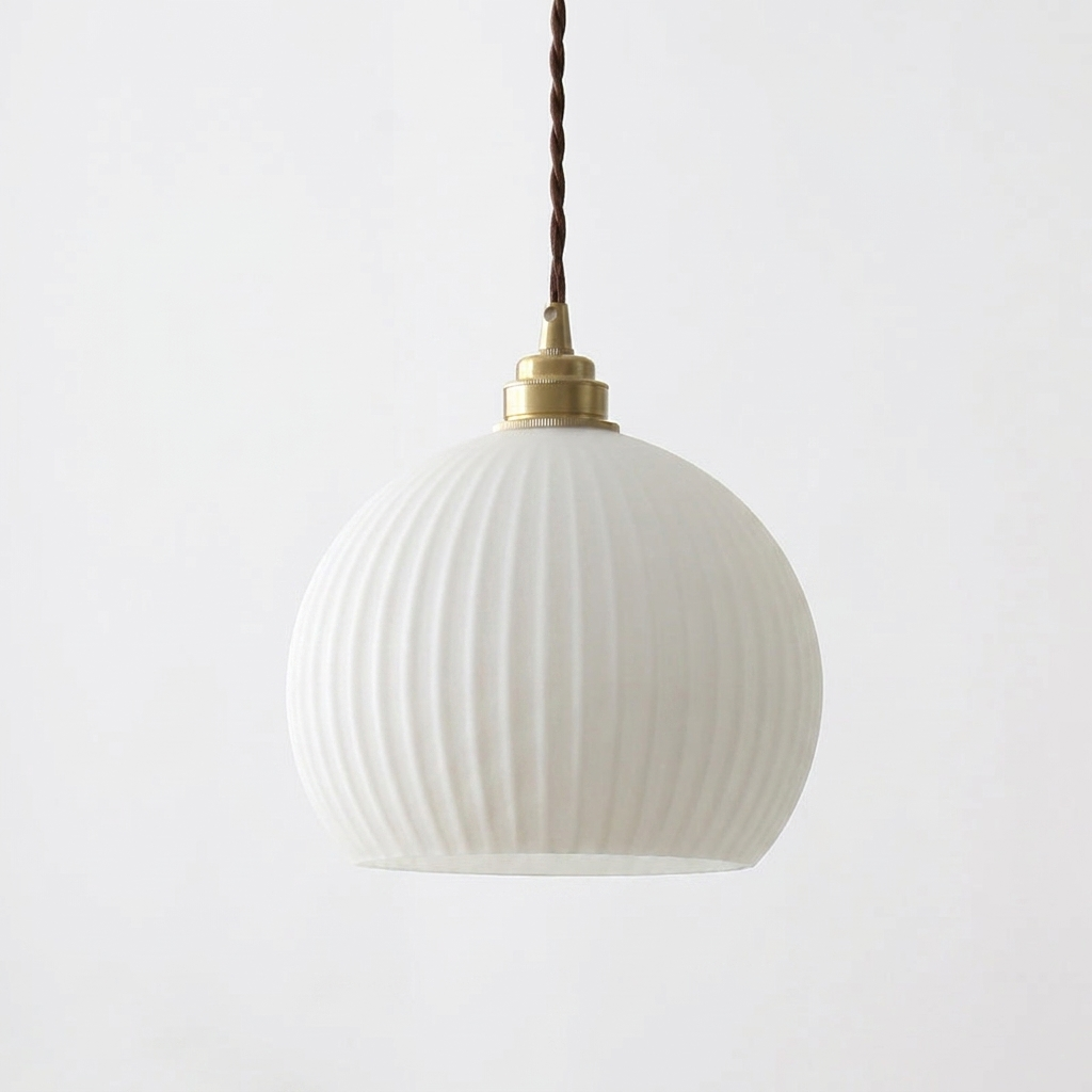 Elegant ribbed glass globe pendant lamp with brass canopy and twisted cable. 2