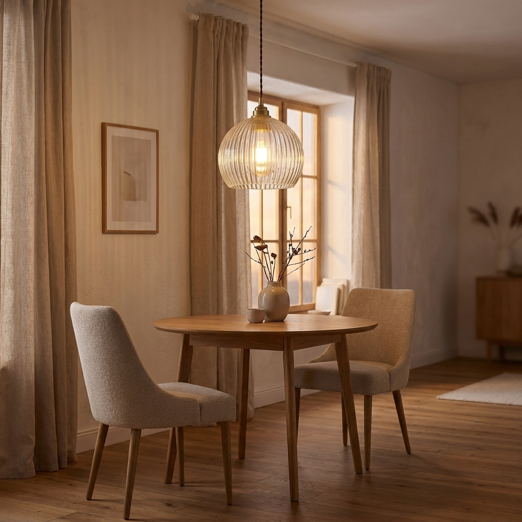 Elegant ribbed glass globe pendant lamp with brass canopy and twisted cable. 3