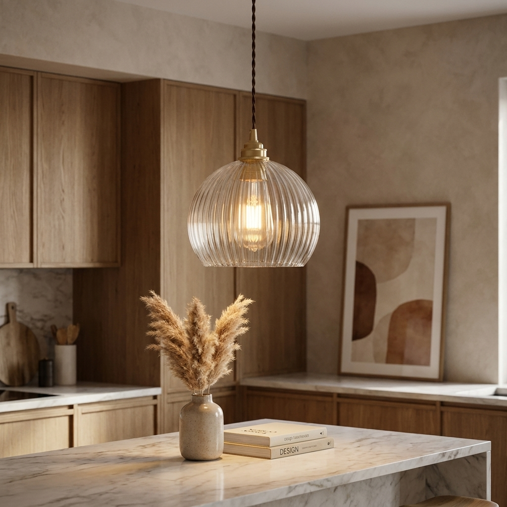 Elegant ribbed glass globe pendant lamp with brass canopy and twisted cable. 4