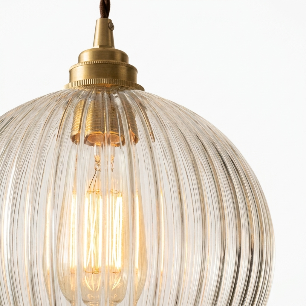 Elegant ribbed glass globe pendant lamp with brass canopy and twisted cable. 5
