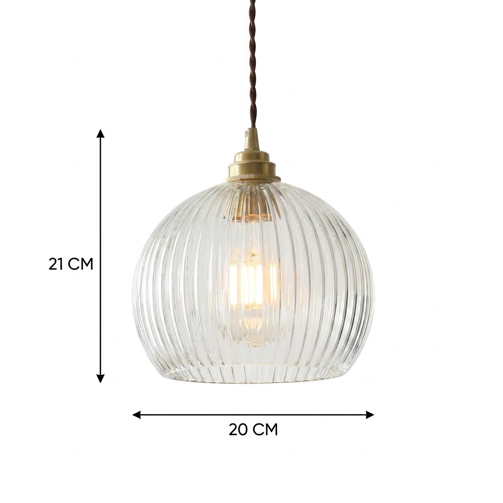 Elegant ribbed glass globe pendant lamp with brass canopy and twisted cable. 6