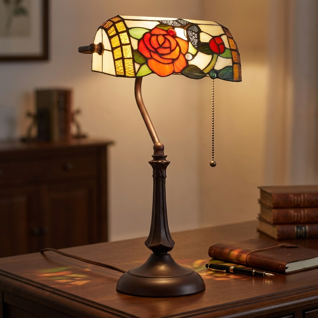 Elegant rose and butterfly stained glass table lamp on a bronze-tone base.