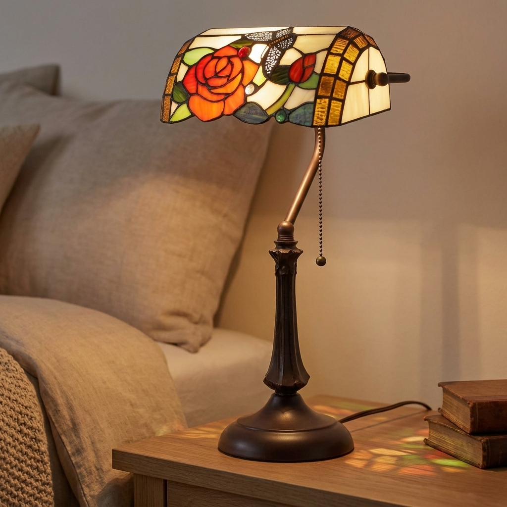 Elegant rose and butterfly stained glass table lamp on a bronze-tone base. 2