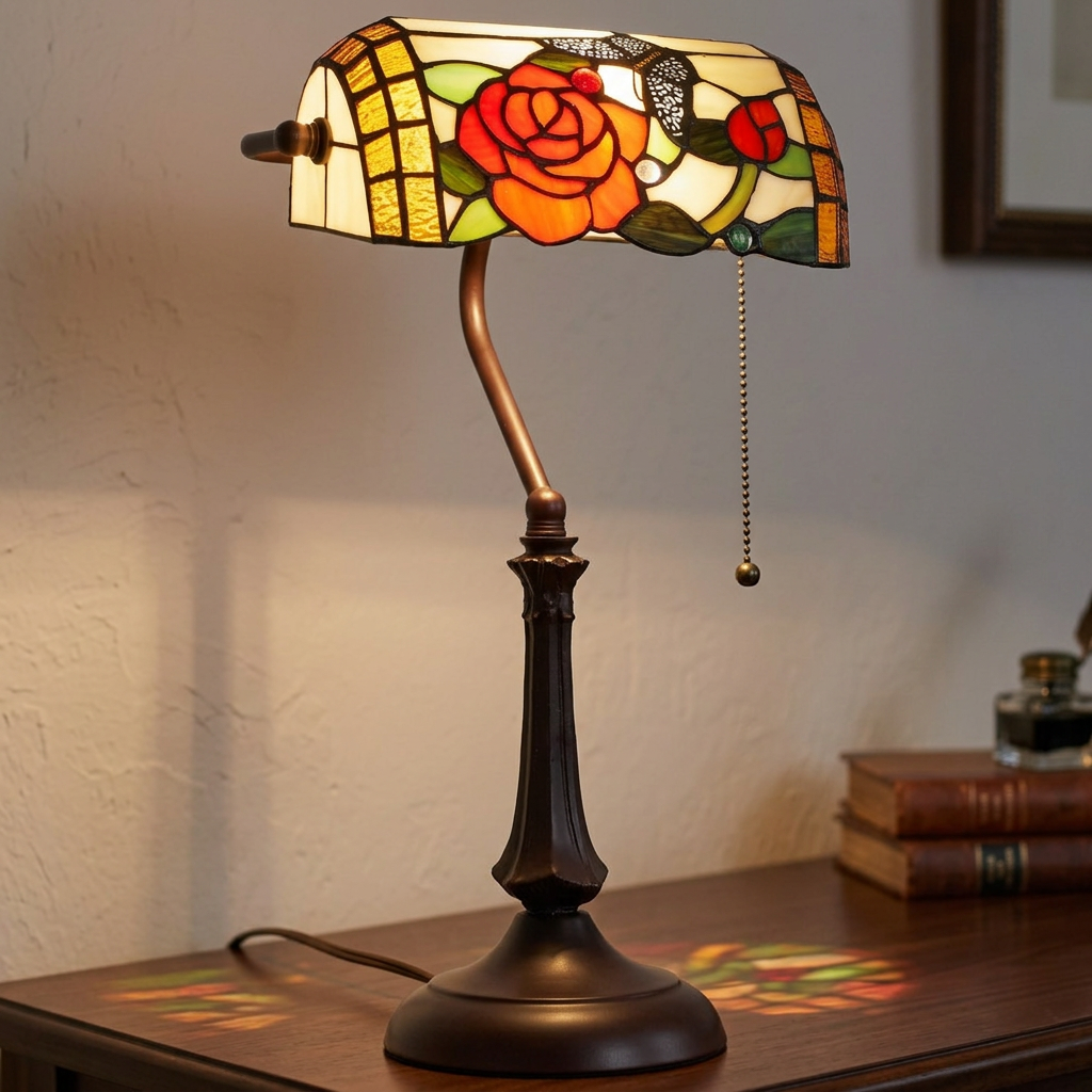 Elegant rose and butterfly stained glass table lamp with bronze base. 3