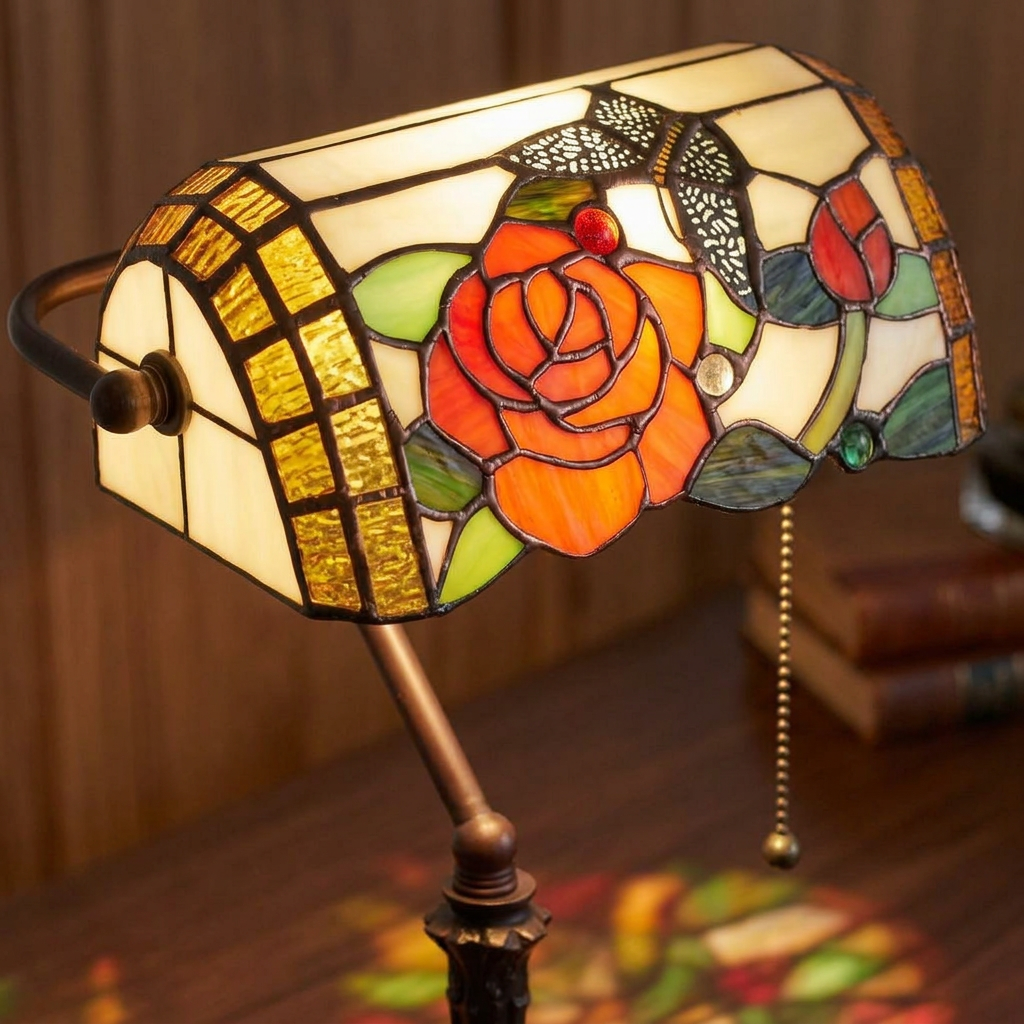 Elegant rose and butterfly stained glass table lamp with bronze base. 4