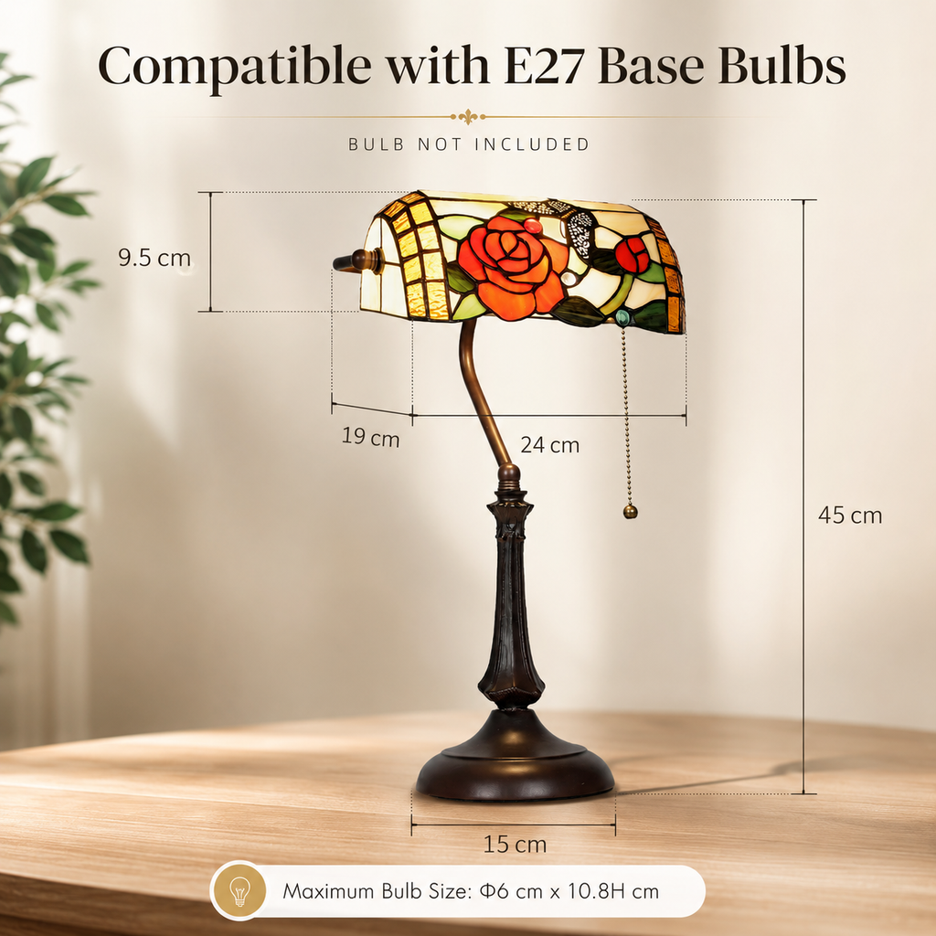 Elegant rose and butterfly stained glass table lamp with bronze base. 5