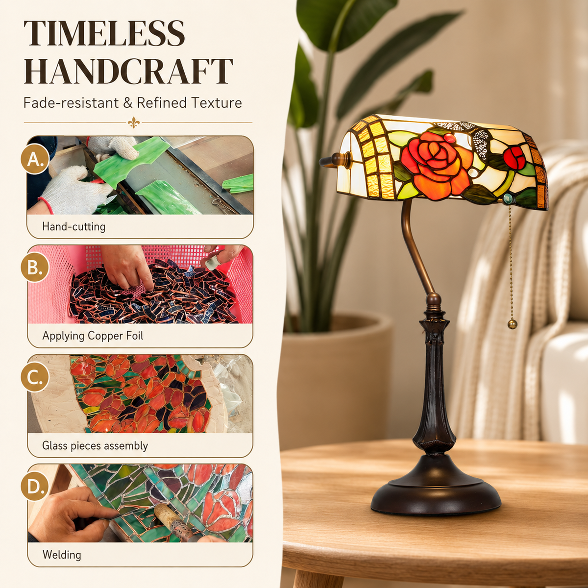 Elegant rose and butterfly stained glass table lamp with bronze base. 6