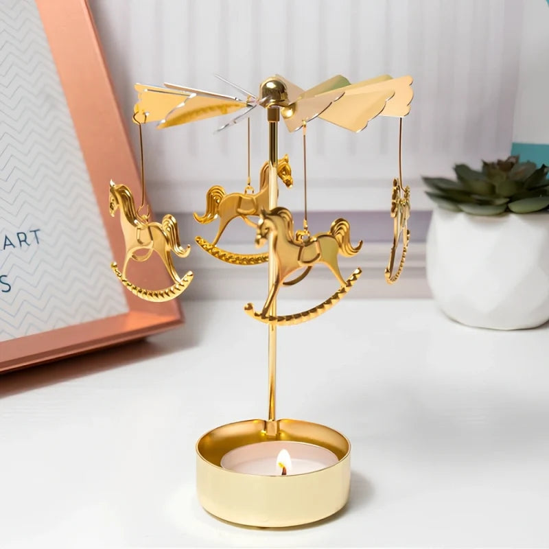Rotating golden candle carousel with spinning ornaments creating warm reflections 11