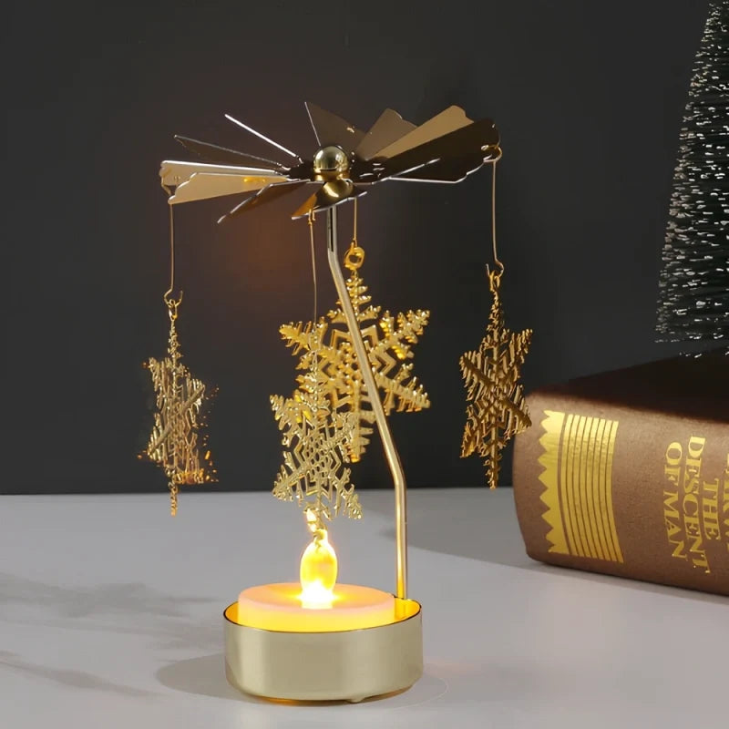 Rotating golden candle carousel with spinning ornaments creating warm reflections 12