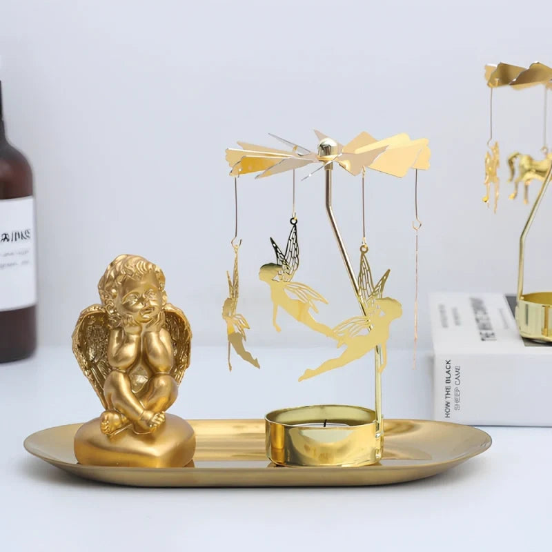 Rotating golden candle carousel with spinning ornaments creating warm reflections 14