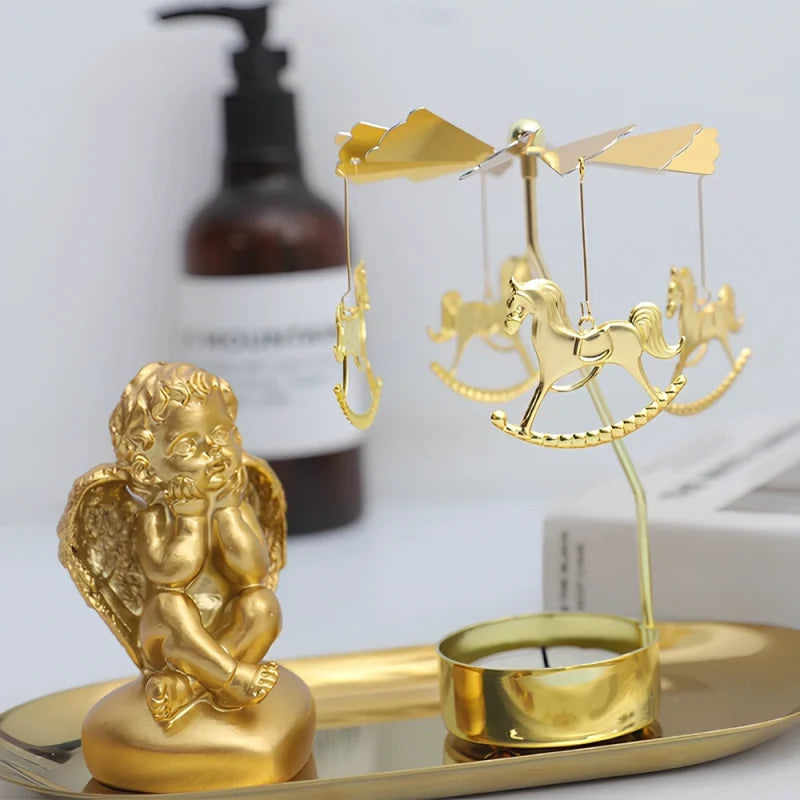 Rotating golden candle carousel with spinning ornaments creating warm reflections 15