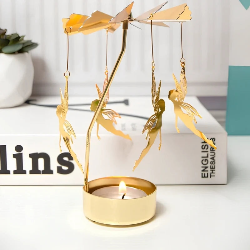 Rotating golden candle carousel with spinning ornaments creating warm reflections 16