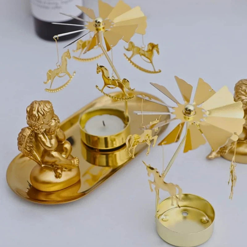 Rotating golden candle carousel with spinning ornaments creating warm reflections 17
