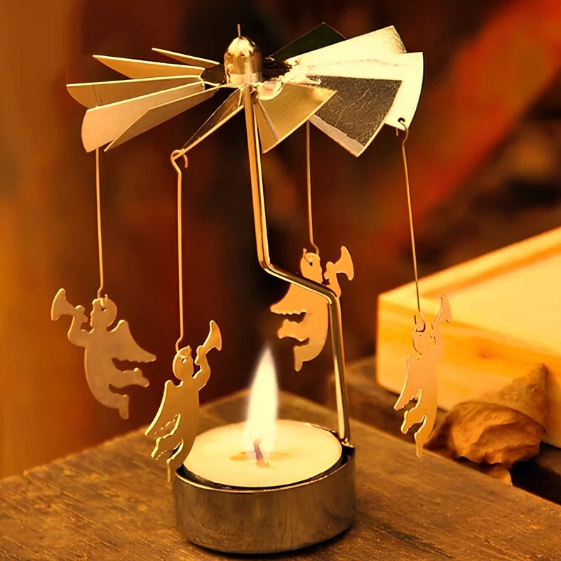 Rotating golden candle carousel with spinning ornaments creating warm reflections 18