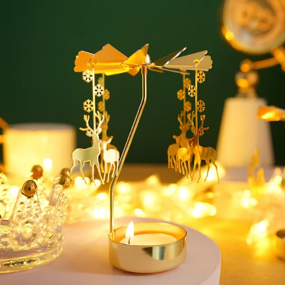 Rotating golden candle carousel with spinning ornaments creating warm reflections 2