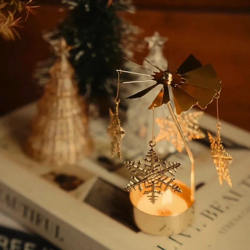 Rotating golden candle carousel with spinning ornaments creating warm reflections 9