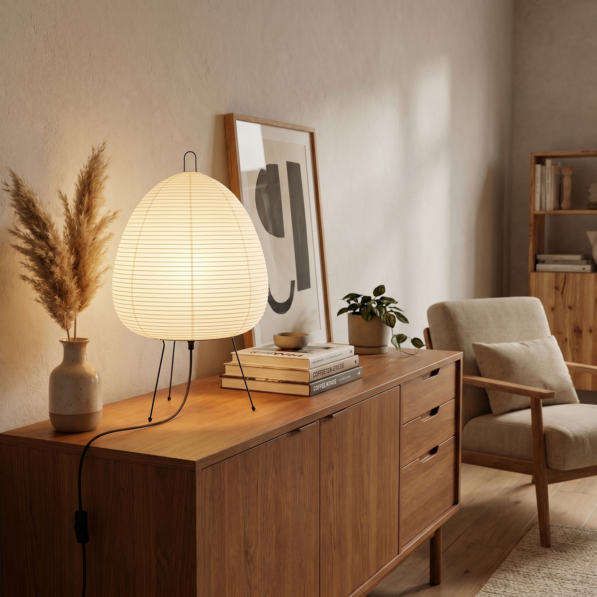 Sculptural Akari style paper table lamp casting a soft warm ambient glow in a modern room 2