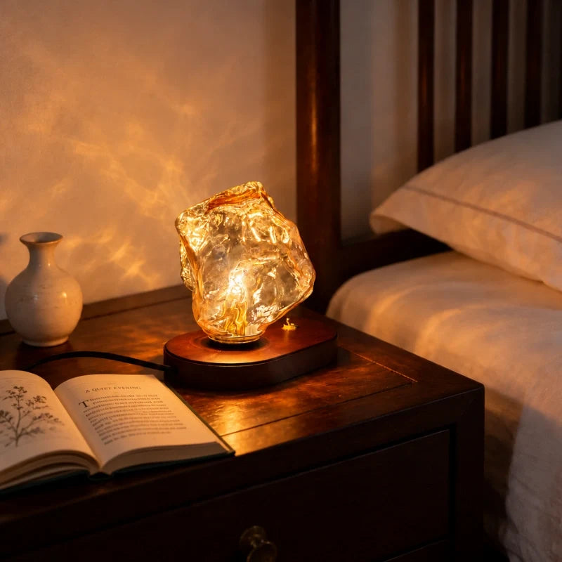 Sculptural amber glass table lamp with warm glow and natural oak base 2