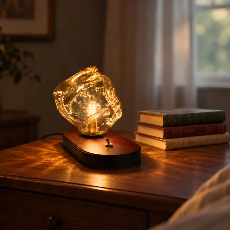 Sculptural amber glass table lamp with warm glow and natural oak base 5