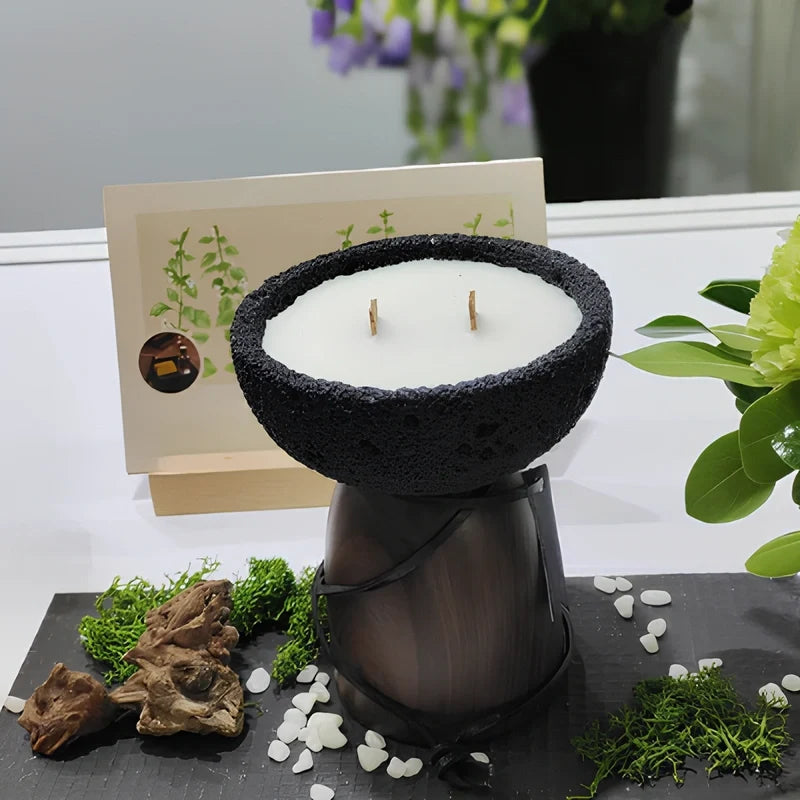 Sculptural cement and wood candle holder with textured volcanic-inspired design 10