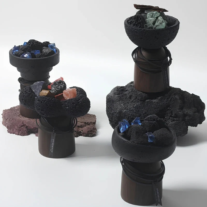 Sculptural cement and wood candle holder with textured volcanic-inspired design 13