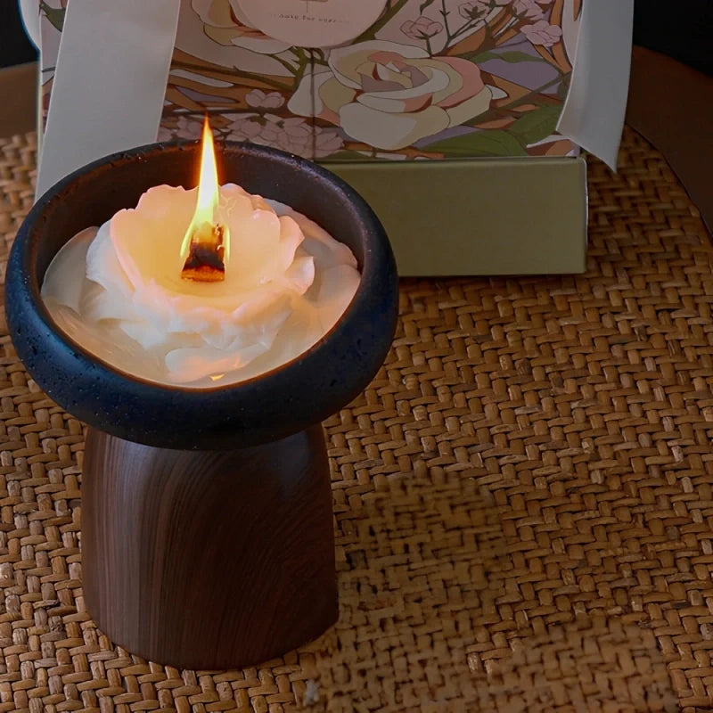 Sculptural cement and wood candle holder with textured volcanic-inspired design 14