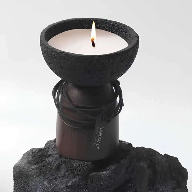 Sculptural cement and wood candle holder with textured volcanic-inspired design 3