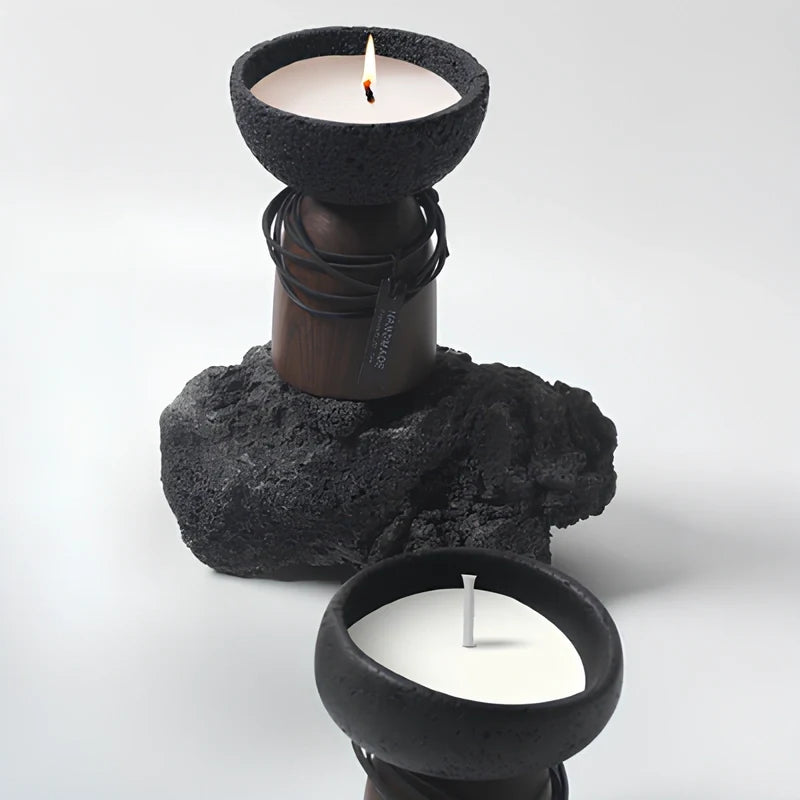 Sculptural cement and wood candle holder with textured volcanic-inspired design 6