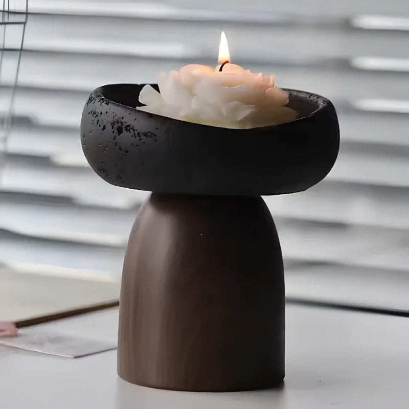 Sculptural cement and wood candle holder with textured volcanic-inspired design 7