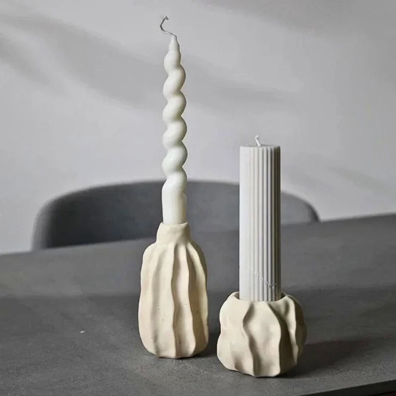 Sculptural ceramic candle holder with rippled matte finish design in neutral tone 5