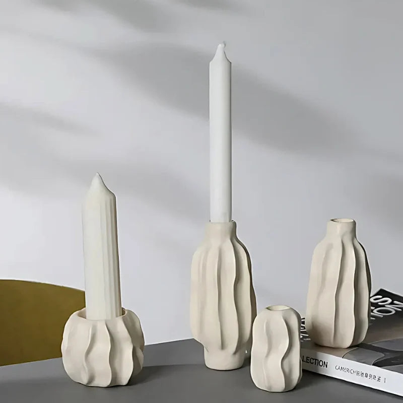 Sculptural ceramic candle holder with rippled matte finish design in neutral tone 8