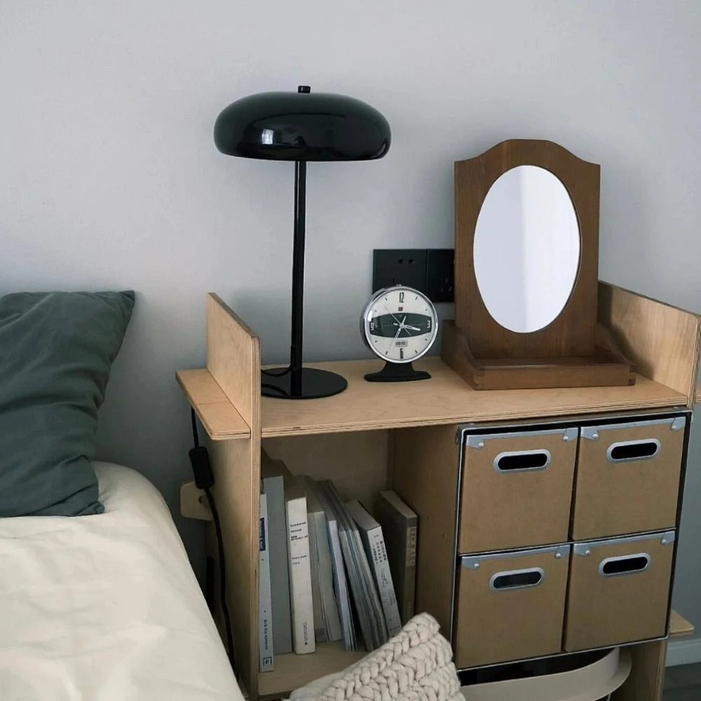 Sleek rechargeable retro table lamp with rounded top and touch control, emitting warm white light 13