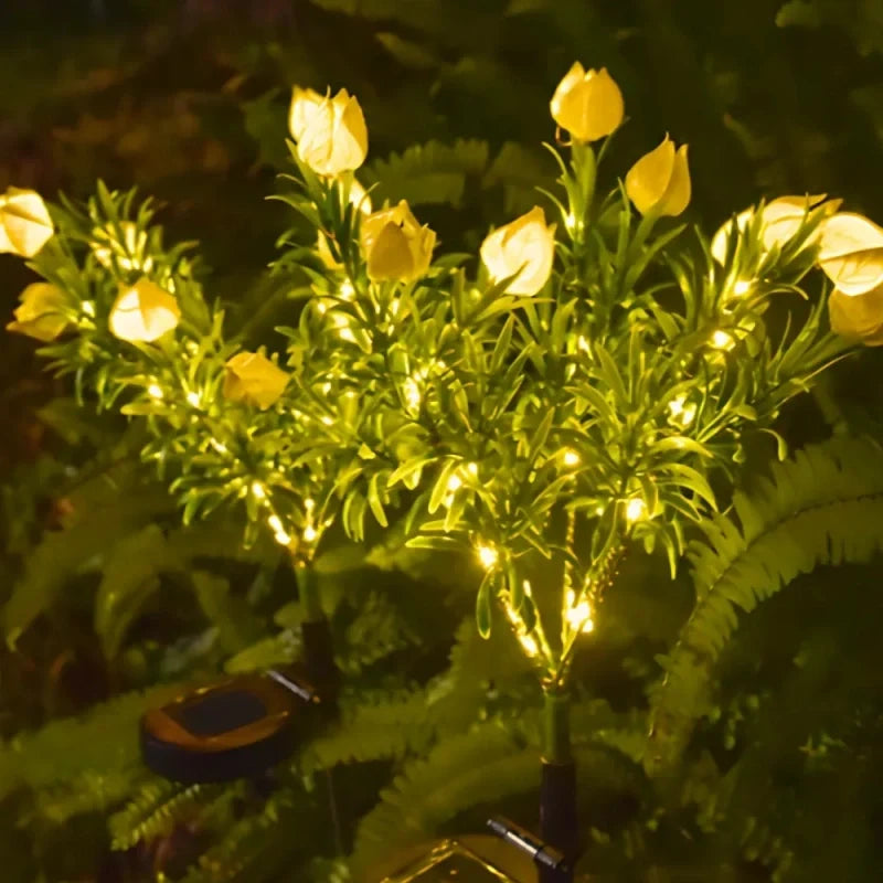 Solar flower lights with realistic blooms in warm and cool white colors for garden decoration 14
