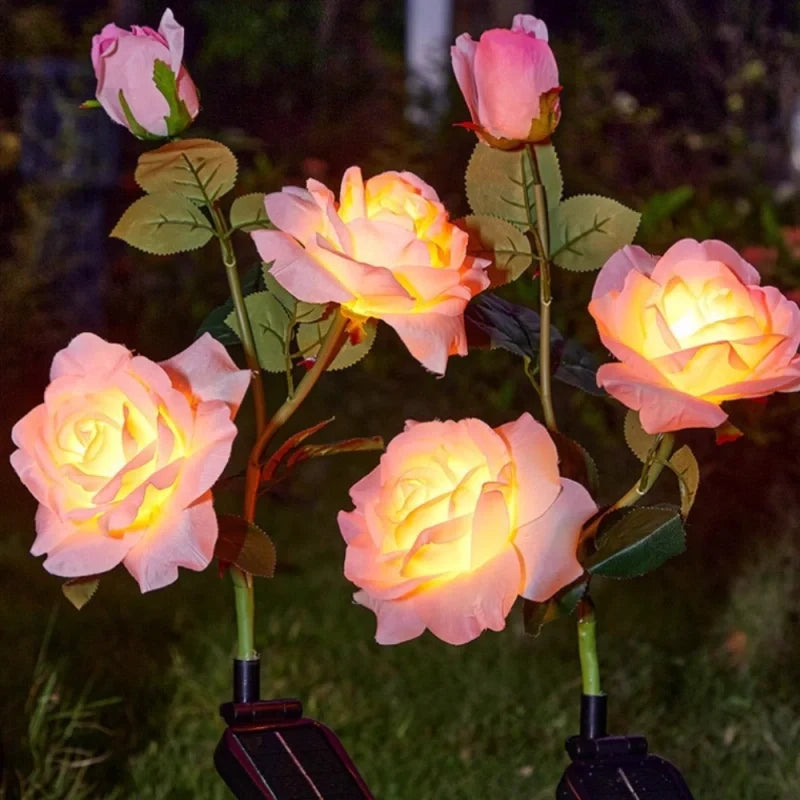 Solar flower lights with realistic blooms in warm and cool white colors for garden decoration 15