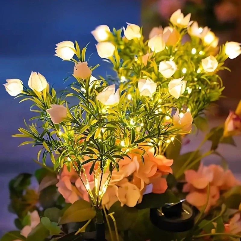 Solar flower lights with realistic blooms in warm and cool white colors for garden decoration 3