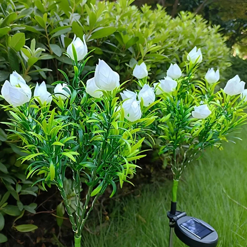 Solar flower lights with realistic blooms in warm and cool white colors for garden decoration 4