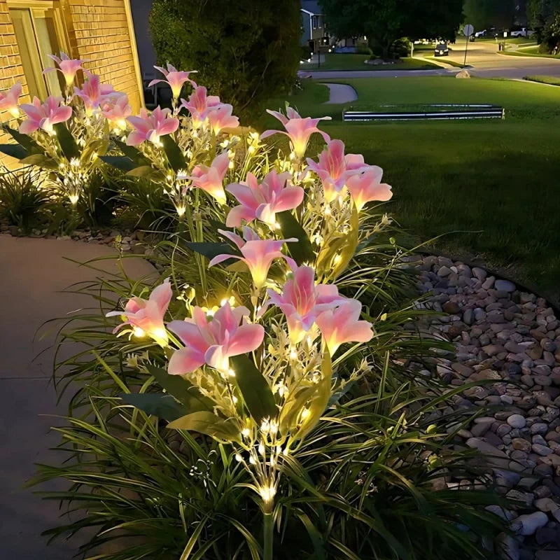 Solar flower lights with realistic blooms in warm and cool white colors for garden decoration 8
